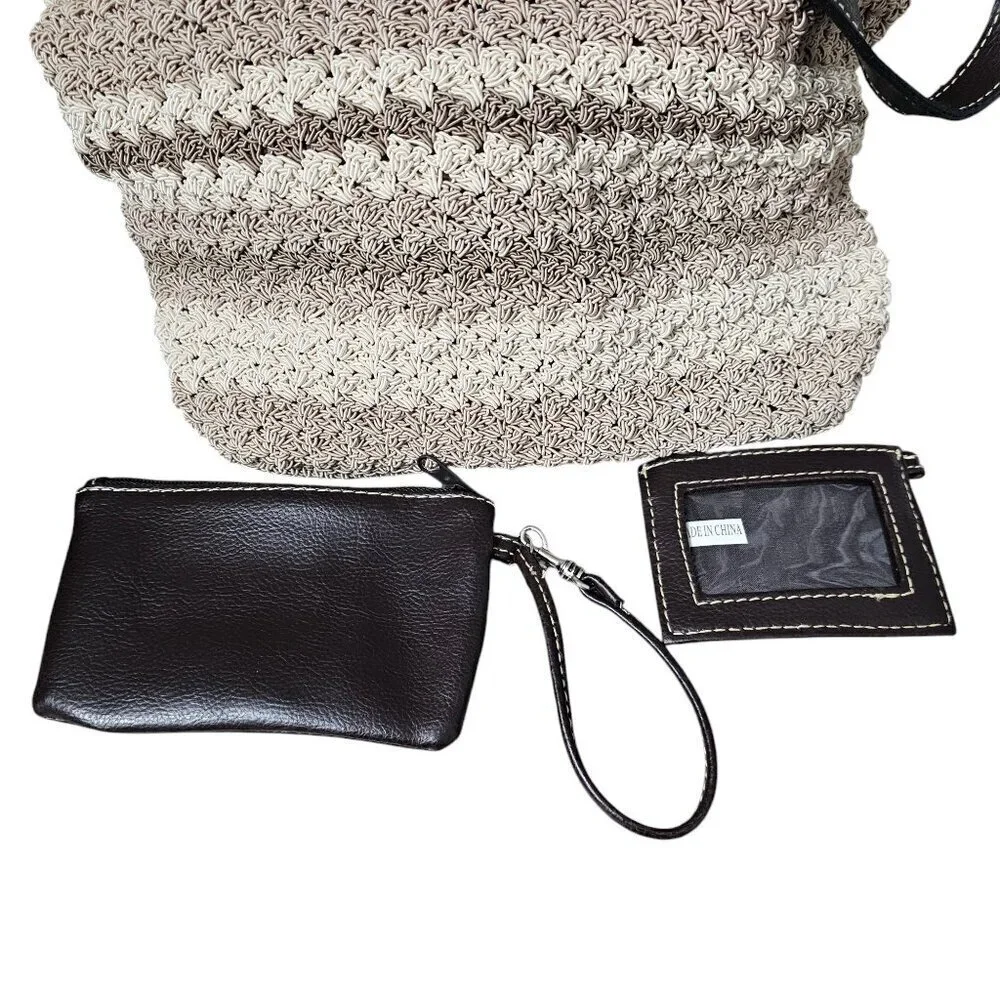 Super Tote New Crochet Boho Bucket Neutral Taupe Cream 3 Piece Shoulder Bag